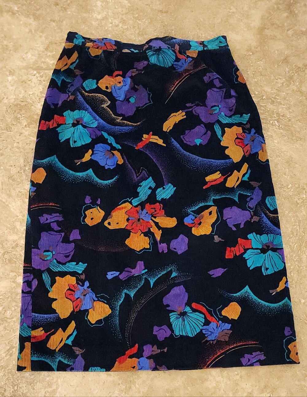 Vintage 90s Rafaella Floral Corduroy Pencil Skirt Jewel Tone Abstract Midi